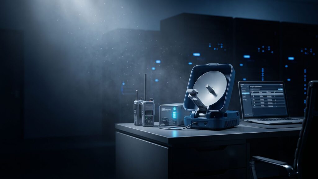 Satellitenkommunikationseinheit, Funkgeräte, Notstromversorgung und Laptop mit Notfalldatenbank auf Workstation in einem atmosphärisch beleuchteten Technikraum.